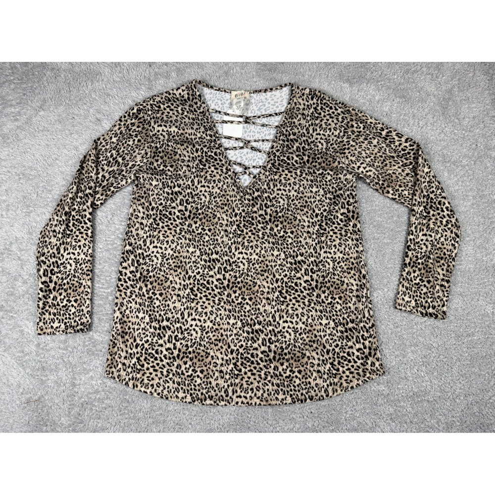 BIBI Leopard Print Top Womens Medium Tan Black Strappy V-Neck Long Sleeve BT1210